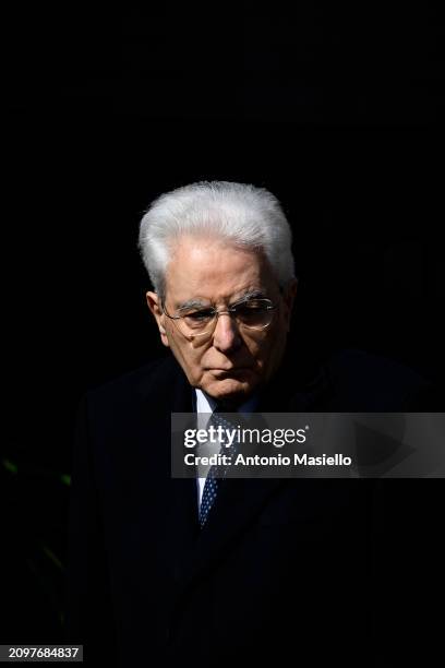 Italian President Sergio Mattarella attends the ceremony marking the 80th anniversary of the Fosse Ardeatine massacre, on March 22, 2024 in Rome,...