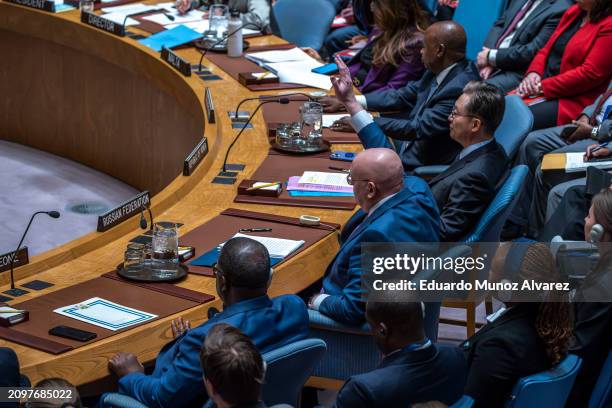 Russia's Ambassador to the United Nations Vasily Nebensya votes against a U.S. Ceasefire resolution for the Gaza war during a UN Security Council...