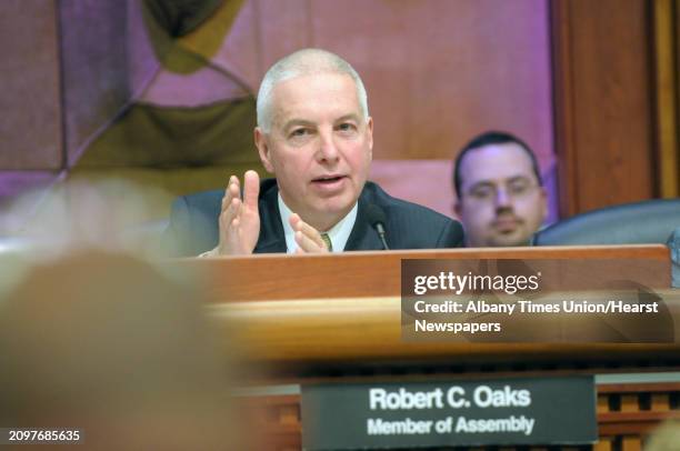 Assemblyman Robert Oaks asks a question of John King, Jr., the New York State commissioner of education, during a New York State Legislature Joint...