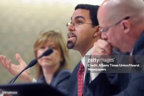 John King, Jr., the New York State commissioner of education, answers a question from a legislator during a New York State Legislature Joint Budget...