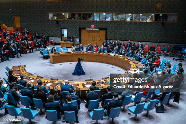 Ambassador to the United Nations Linda Thomas-Greenfield speaks during a UN Security Council meeting at the United Nations headquarters on March 22,...