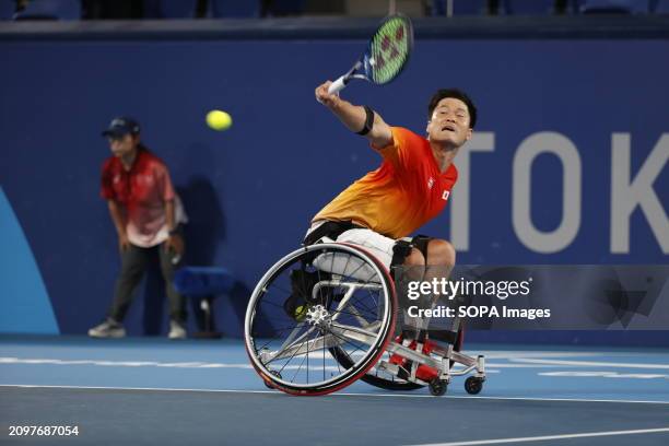 Japan's Shingo Kunieda seen in action during the Men's Single Wheelchair Tennis gold medal match on Day 11 at Tokyo 2020. Home nation Japan's Shingo...