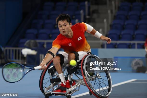 Japan's Shingo Kunieda seen in action during the Men's Single Wheelchair Tennis gold medal match on Day 11 at Tokyo 2020. Home nation Japan's Shingo...