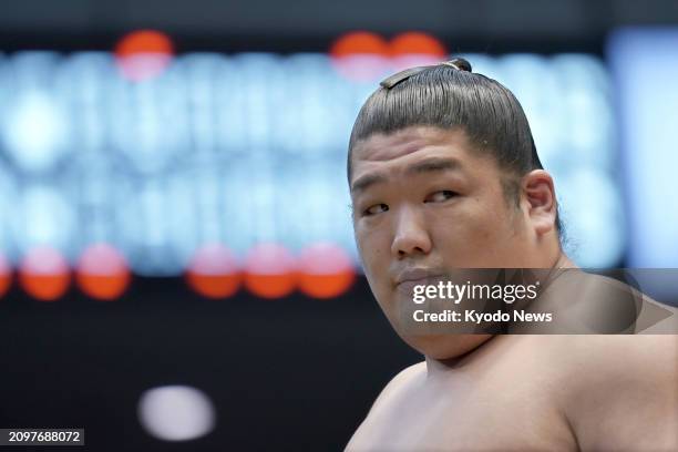 Top-division debutant Takerufuji is pictured before taking on sekiwake Wakamotoharu on the 13th day of the 15-day Spring Grand Sumo Tournament in...