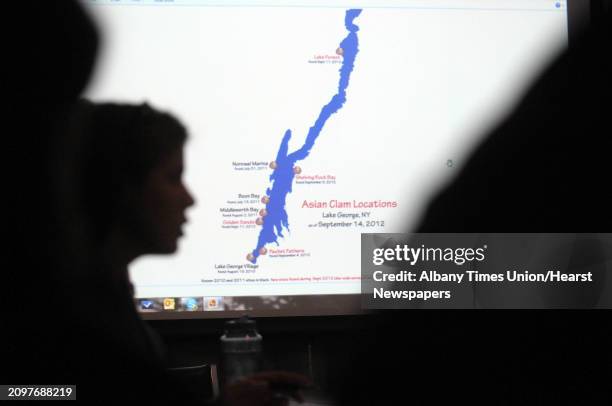 Map showing where on the lake Asian clams have been found is seen on a screen during a meeting of the Asian Clam task force on Thursday, Sept. 20,...