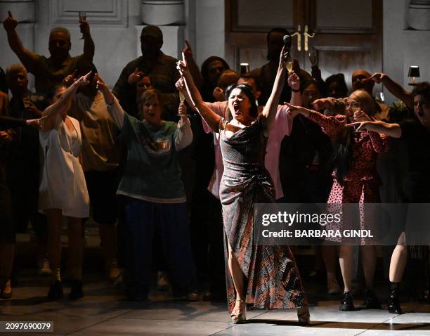 Russian-Austrian operatic soprano Anna Netrebko performs during a dress rehearsal of the opera 'La Gioconda' by Amilcare Ponchielli as part of the...