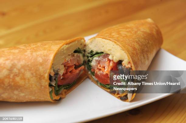 View of the chili wrap with garlic hummus, spinach, tomatoes, carrots and roasted red peppers at the Route 67 Country Store and Cafe on Monday, Feb....