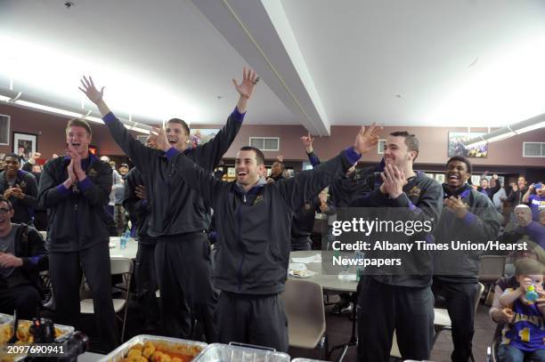 University at Albany men's basketball players, from left to right, Dave Wiegmann, Gary Johnson, Blake Metcalf, Jacob Lati, Peter Hooley and Reece...