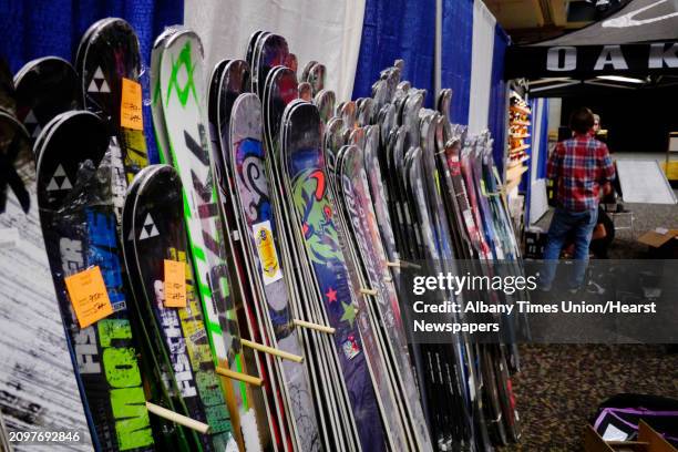 Skis are set up in the Steiner's Sports display at the Empire State Plaza Convention Center on Thursday, Oct. 31, 2013 in Albany, NY. Employees of...