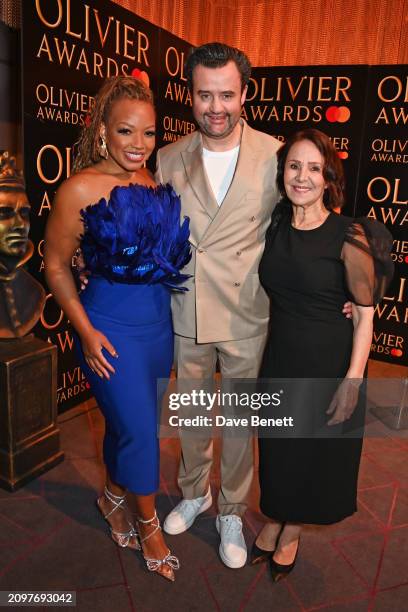 Marisha Wallace, Daniel Mays and Dame Arlene Phillips of "Guys & Dolls" attend The Olivier Awards 2024 nominees reception at The Londoner Hotel on...