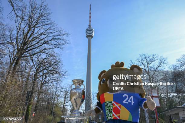 The Trophy and Mascot Albärt are seen at the Fernsehturm during the UEFA EURO 2024 Trophy Tour on March 22, 2024 in Stuttgart, Germany.