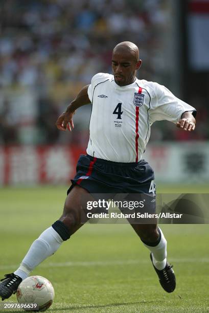 Trevor Sinclair of England on the ball during the FIFA World Cup Finals 2002 Quarter Final match between England and Brazil at Shizuoka Stadium Ecopa...