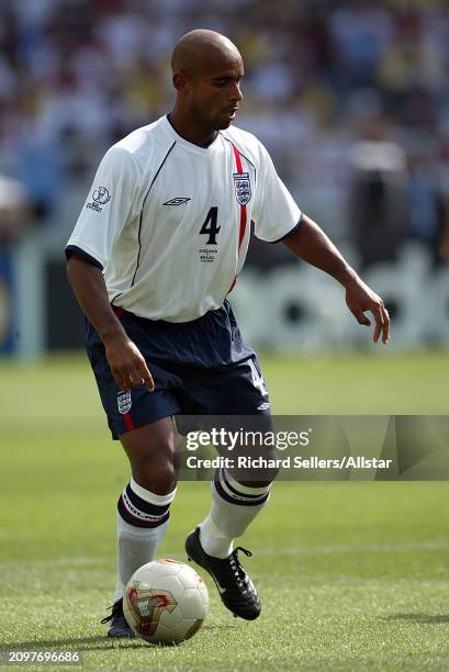 Trevor Sinclair of England on the ball during the FIFA World Cup Finals 2002 Quarter Final match between England and Brazil at Shizuoka Stadium Ecopa...