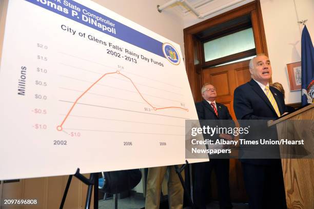 New York State Comptroller Thomas DiNapoli, right, addresses those gathered on the fiscal and demographic outlook for the city of Glens Falls during...