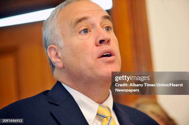 New York State Comptroller Thomas DiNapoli addresses those gathered on the fiscal and demographic outlook for the city of Glens Falls during a press...