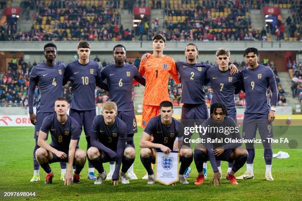 England players line up for the team photo prior to the International friendly match between U20 Poland and U20 England at Bialystok City Stadium on...