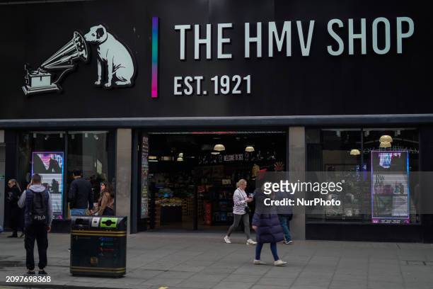 The facade of the newly re-opened HMV shop is on display in Oxford Street, London, on March 21, 2024.