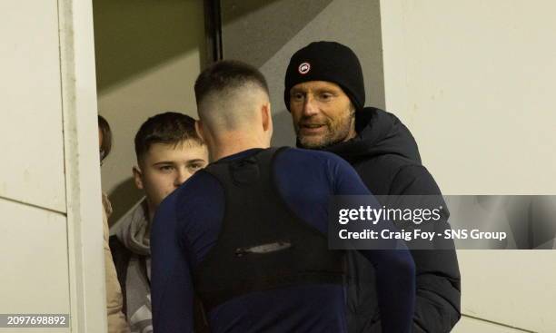 Max Johnston and dad Allan speak after a UEFA Euro Under-21 Qualifier match between Scotland and Kazakhstan at the SMiSA Stadium, on March 21 in...