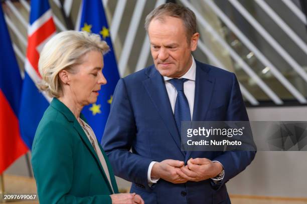 European Commission President Ursula von der Leyen and Poland's Prime Minister Donald Tusk are seen talking during the second day of the European...