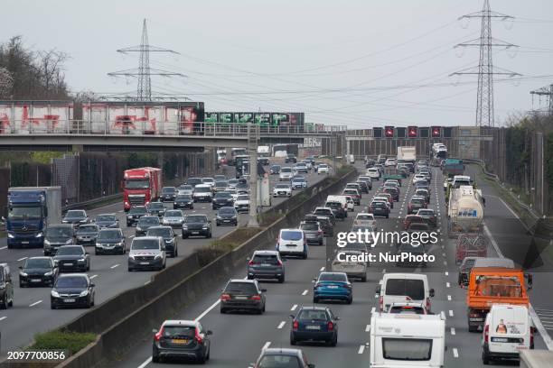 Traffic is jamming heavily on the Autobahn A3 in Cologne, Germany, on March 22 ahead of the upcoming Easter holiday.