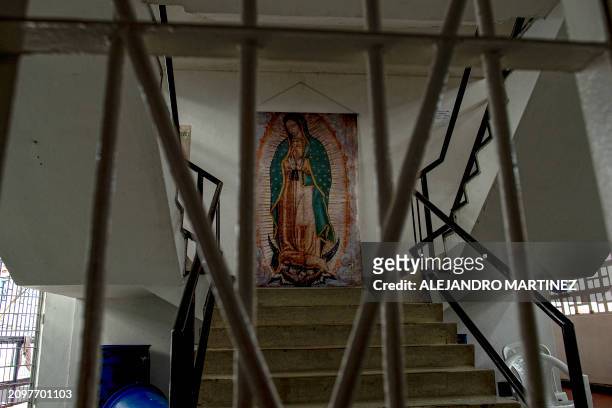 An image of Our Lady of Guadalupe is seen at El Buen Pastor women's prison, in Bogota on February 26, 2024.. The Colombian Ministry of Justice...