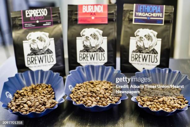 From left to right, espresso blend coffee beans, Burundi coffee beans, and Ethiopia Yirgacheffe coffee beans, at Brewtus Roasting on Monday, April 15...