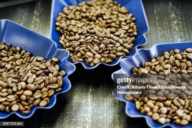 From left to right, espresso blend coffee beans, Burundi coffee beans, and Ethiopia Yirgacheffe coffee beans, at Brewtus Roasting on Monday, April 15...