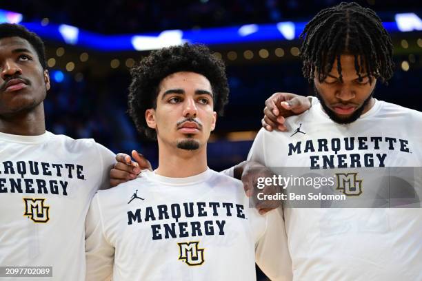 The Marquette Golden Eagles line up before the game against the Western Kentucky Hilltoppers during the first round of the 2024 NCAA Men's Basketball...