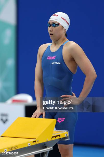Satomi Suzuki prepares to compete in the Women's 200m Breaststroke Final during day six of the Swimming Olympic Qualifier at Tokyo Aquatics Centre on...
