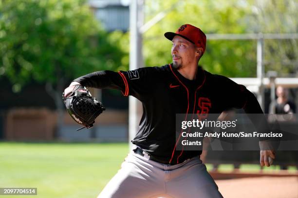 Blake Snell of the San Francisco Giants throws a bullpen session at Scottsdale Stadium on March 21, 2024 in San Francisco, California.