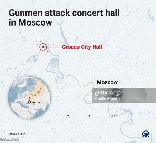 An infographic titled 'Gunmen attack concert hall in Moscow' created in Ankara, Turkiye on March 22, 2024.