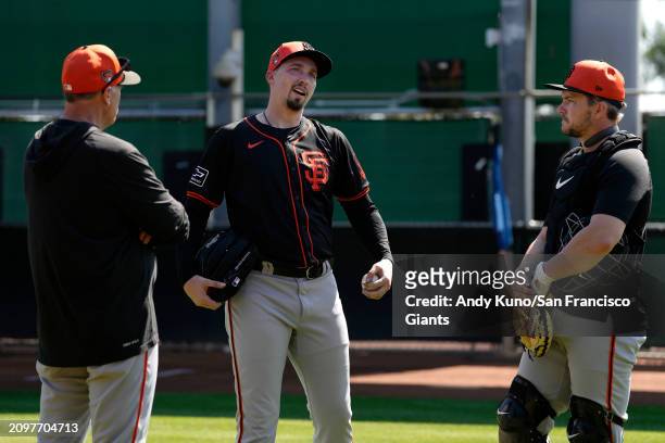 Blake Snell and Patrick Bailey of the San Francisco Giants talk after a bullpen session at Scottsdale Stadium on March 21, 2024 in San Francisco,...