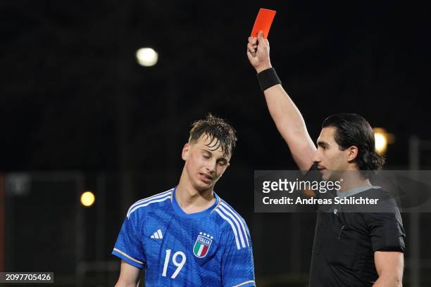 Red card for Marco Tiozzo Pagio from referee Sahin Duendar during the Germany U16 v Italy U16 - International Friendly match on March 22, 2024 in...