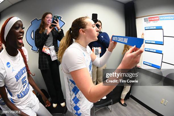 Alyssa Ustby of the North Carolina Tar Heels celebrates her team's win during the first round of the 2024 NCAA Women's Basketball Tournament held at...