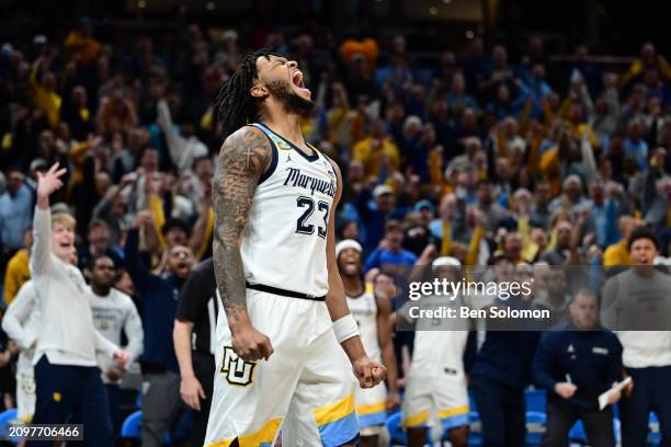 David Joplin of the Marquette Golden Eagles reacts after a shot against the Western Kentucky Hilltoppers during the first round of the 2024 NCAA...