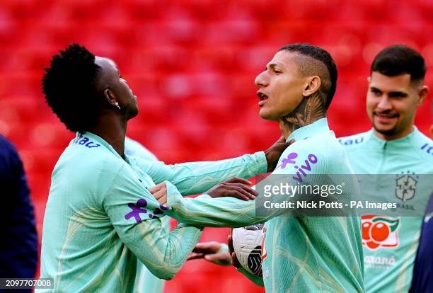 Updating location to Wembley Stadium Brazil's Vinicius Junior and Richarlison during a training session at Wembley Stadium, London. Picture date:...