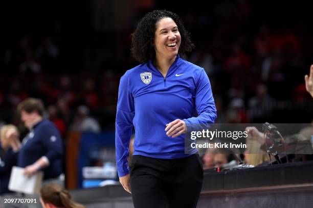 Head coach Kara Lawson of the Duke Blue Devils reacts after one of her players was called for a foul during the first quarter of the NCAA Women's...