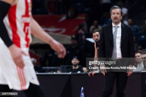 Head Coach Luca Banchi of Virtus Segafredo Bologna reacts during the 2023/2024 Turkish Airlines EuroLeague, Round 31 match between Crvena Zvezda...