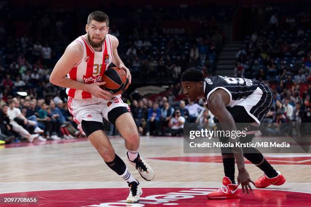 Rokas Giedraitis of Crvena Zvezda Meridianbet Belgrade drives to the basket during the 2023/2024 Turkish Airlines EuroLeague, Round 31 match between...