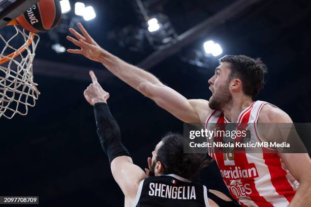 Mike Tobey of Crvena Zvezda Meridianbet Belgrade in action under the basket during the 2023/2024 Turkish Airlines EuroLeague, Round 31 match between...