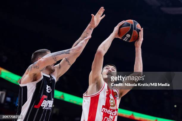 Luka Mitrovic of Crvena Zvezda Meridianbet Belgrade in action under the basket during the 2023/2024 Turkish Airlines EuroLeague, Round 31 match...