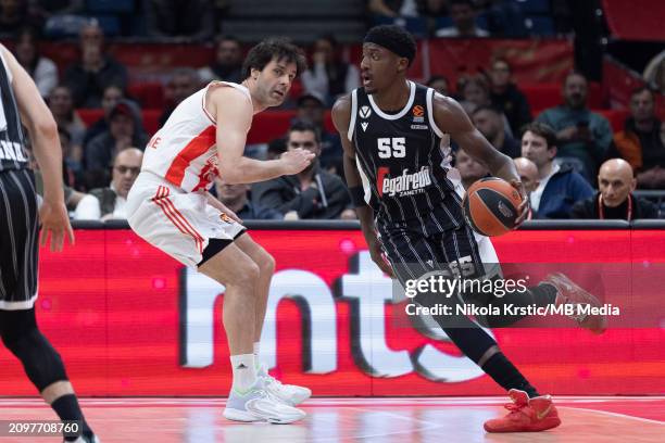 Awudu Abass of Virtus Segafredo Bolognacompetes against Milos Teodosic of Crvena Zvezda Meridianbet Belgrade during the 2023/2024 Turkish Airlines...