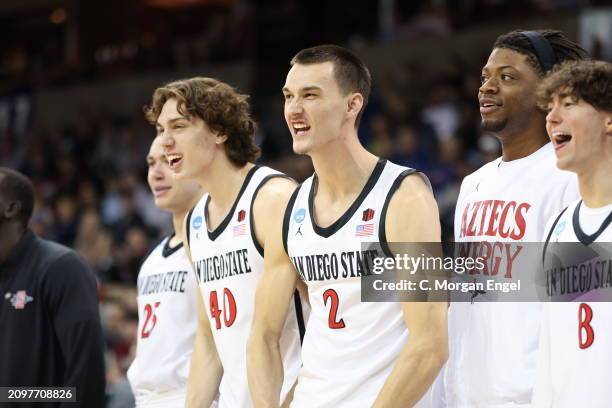 San Diego State Aztecs bench players celebrate during the first round of the 2024 NCAA Men's Basketball Tournament versus UAB Blazers held at Spokane...
