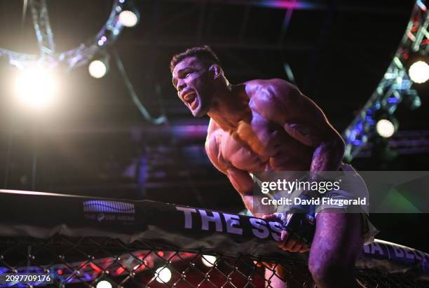 Northern Ireland , United Kingdom - 22 March 2024; Manoel Sousa celebrates after defeating Tim Wilde in their lightweight bout during the Bellator...