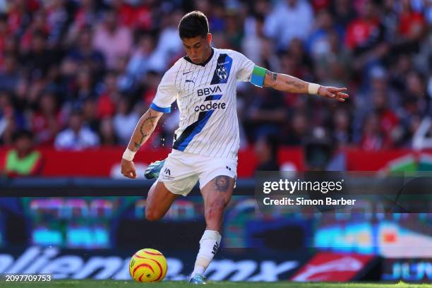 Maximiliano Meza of Monterrey kicks the ball during the 12th round match between Atlas and Monterrey as part of the Torneo Clausura 2024 Liga MX at...