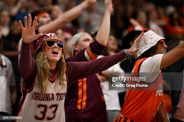 Fan cheers in the first quarter as the Virginia Tech Hokies take on the Marshall Thundering Herd in the first round of the 2024 NCAA Women's...