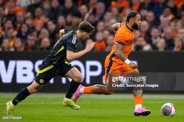 Kieran Tierney of Scotland, Memphis Depay of Holland during the International Friendly match between Holland v Scotland at the Johan Cruijff Arena on...