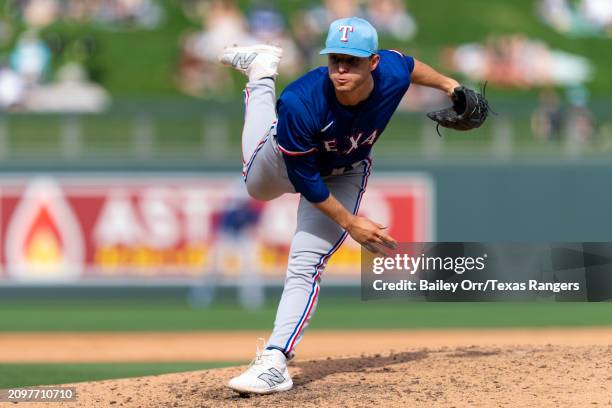 Jack Leiter of the Texas Rangers pitches during a spring training game against the Arizona Diamondbacks at Salt River Fields on February 27, 2024 in...