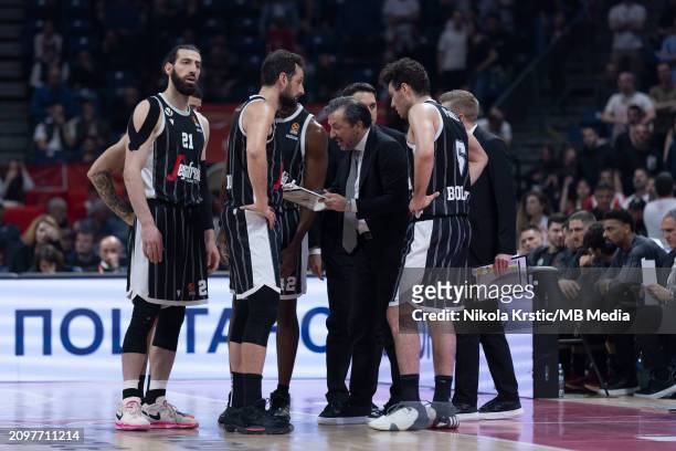 Head Coach Luca Banchi of Virtus Segafredo Bologna gives advices to his players during the 2023/2024 Turkish Airlines EuroLeague, Round 31 match...