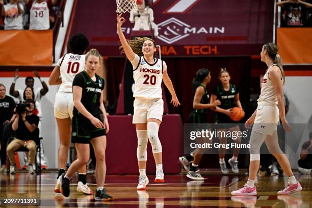 Olivia Summiel of the Virginia Tech Hokies celebrates after a 3rd quarter basket against the Marshall Thundering Herd during the first round of the...